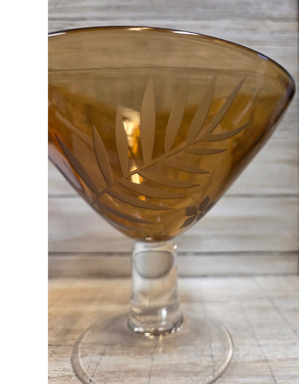 Michael Weems Tropic Etched Amber Cocktail Coupe Glass Palm Frond Barware